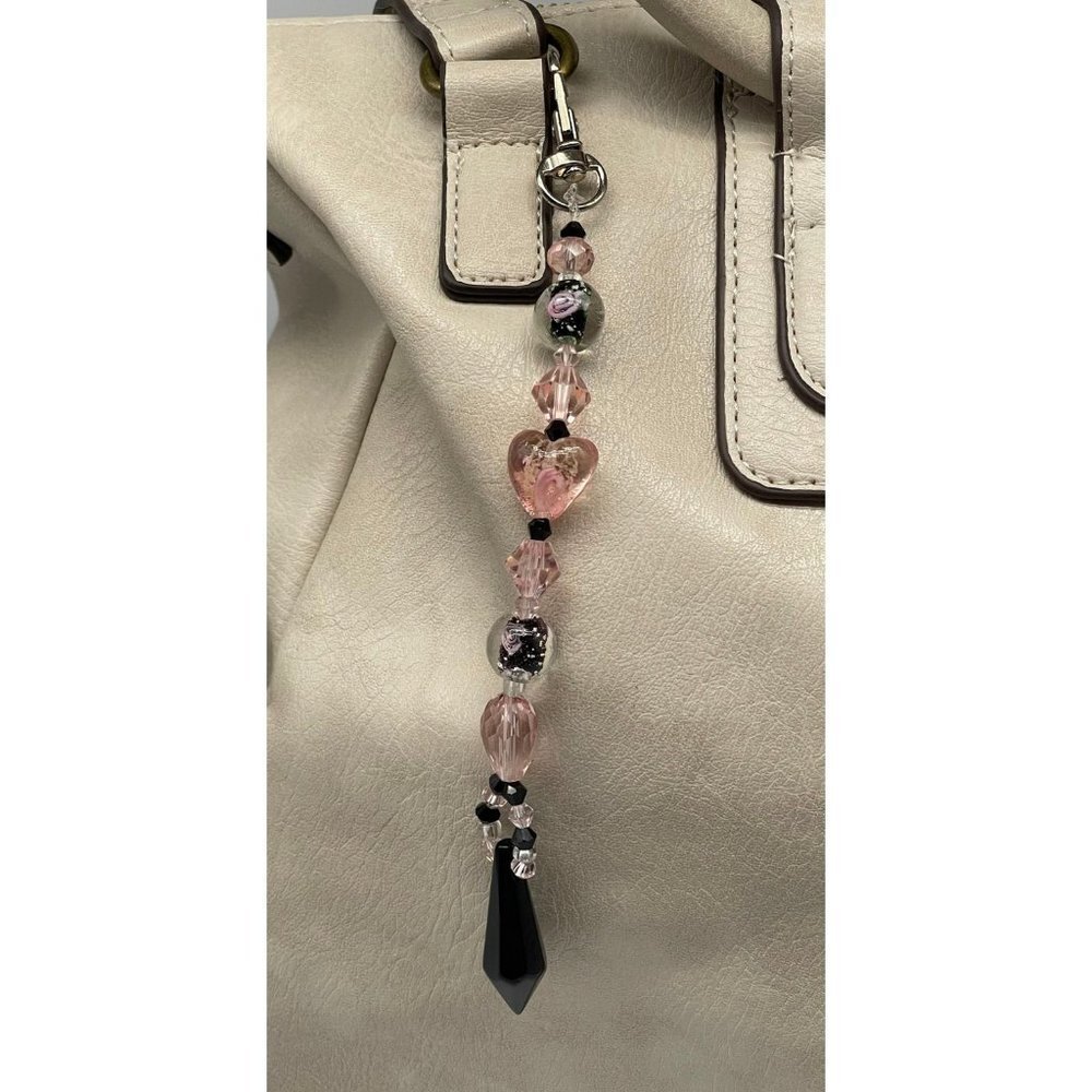 Beaded Purse Charm Suncatcher Pink Black Crystal Prism Roses Heart